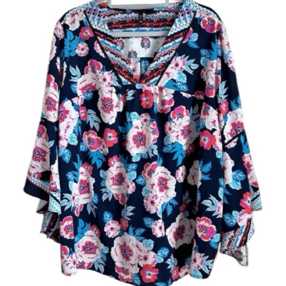 New Direction Floral V-Neck Winged Women's Top - Blue and Pink sz 3x